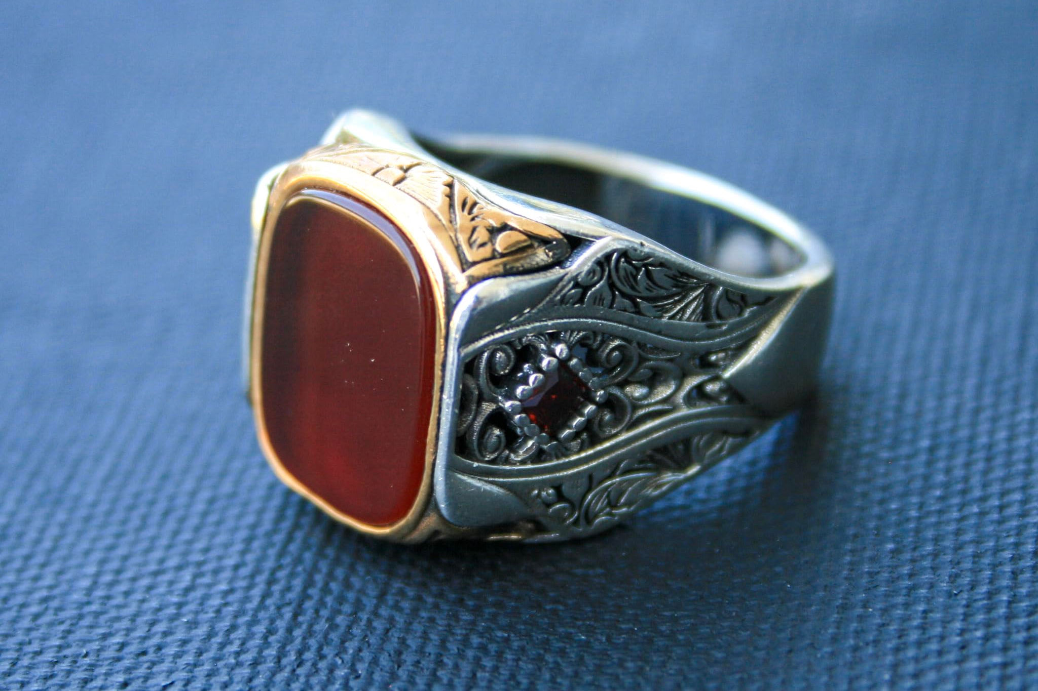 925 Sterling Silver Ring with Red Agate Stone – Handmade Natural Gem Design -