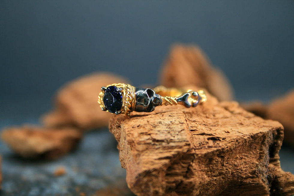 Thumbnail: Gold Plated Star Gem Skull Detail 925 Sterling Silver Ring