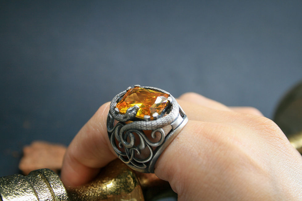 Thumbnail: Sterling Silver Citrine Ring-Yellow Stone Handmade Ring-Snake Patterned Ring