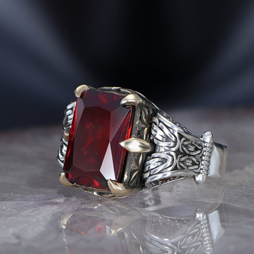 Men's Crescent Star Ring - Solid 925 Sterling Silver With Red Zircon Stone, Size 9, Made In Turkey