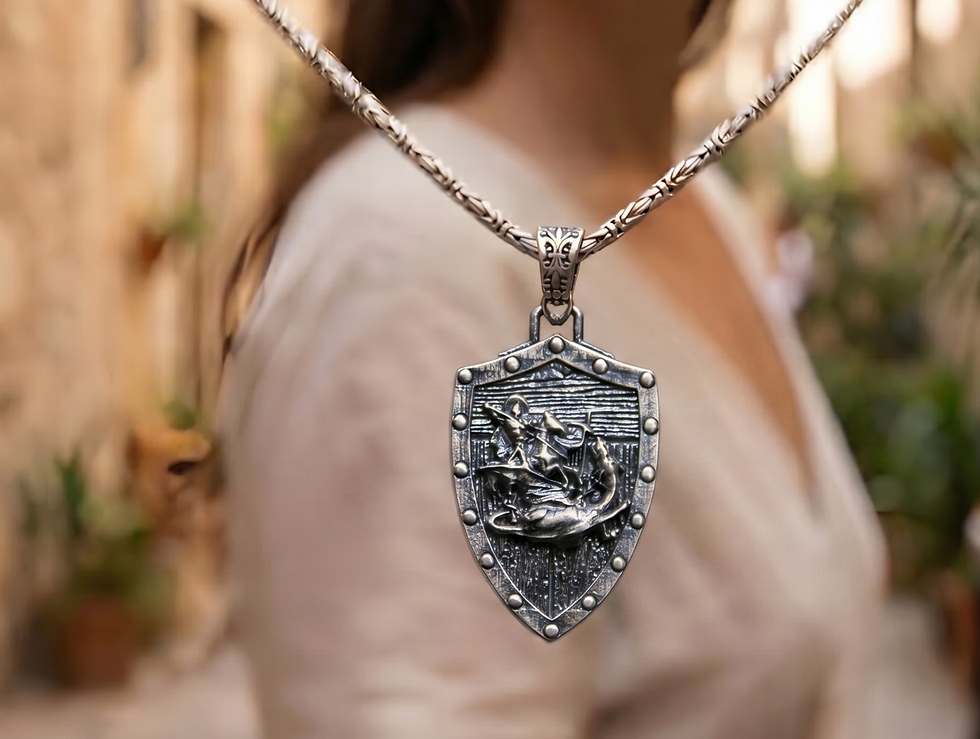 Thumbnail: Handmade Saint George and the Dragon Shield Pendant - 925 Sterling Silver