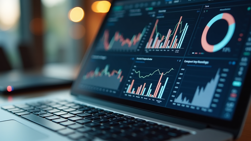 Close-up view of a laptop screen showing financial dashboards and charts