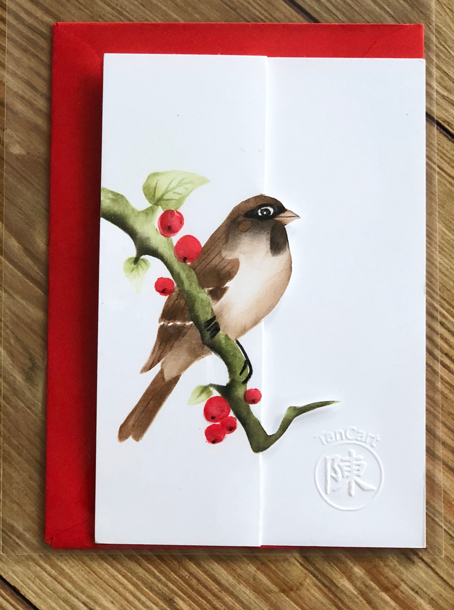 handgemaakte kaart inclusief rode envelop: musje met 3D besjes