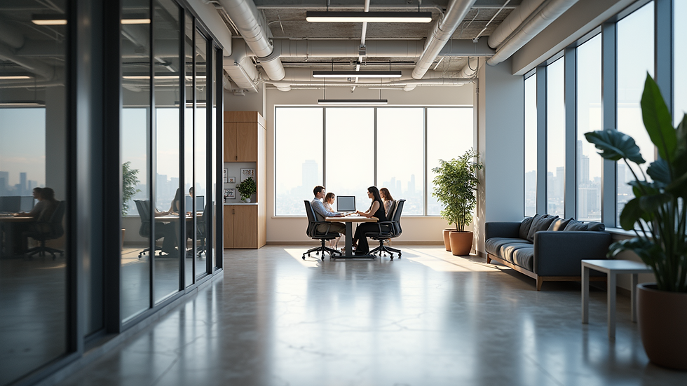 Wide angle view of a modern shared office space