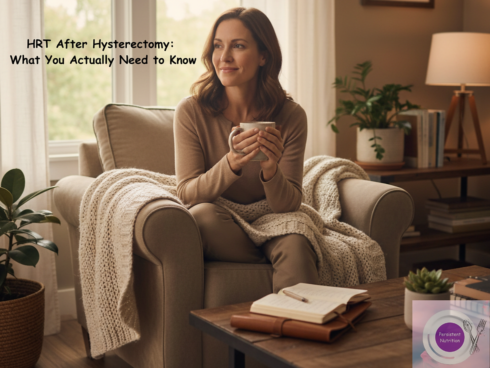 Woman in her 30s recovering from hysterectomy and oophorectomy, considering HRT options for surgical menopause