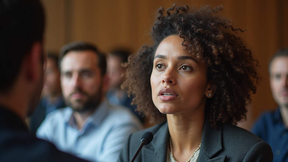 Close-up view of a person speaking confidently in a group setting