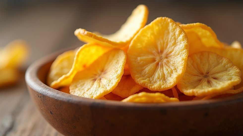 Close-up view of golden crispy banana chips in a bowl