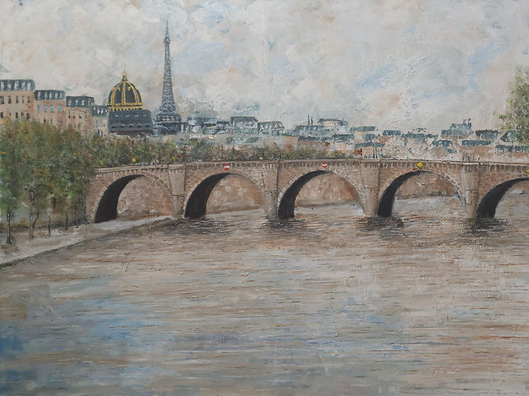 "Parisian Reflection - Pont Neuf" - an atmospheric oilpainting of the Pont Neuf bridge spanning the Seine River in Paris, featuring iconic city buildings, the Golden Dome of Les Invalides and the Eiffel Tower silhouette against a hazy, romantic sky - canvas art oilpainting by Simone Coccia