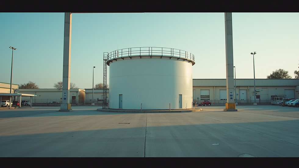 Eye-level view of a fuel storage tank in a commercial setting