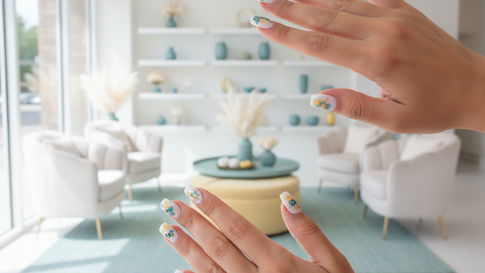 Eye-level view of a trendy nail salon lounge with cozy seating