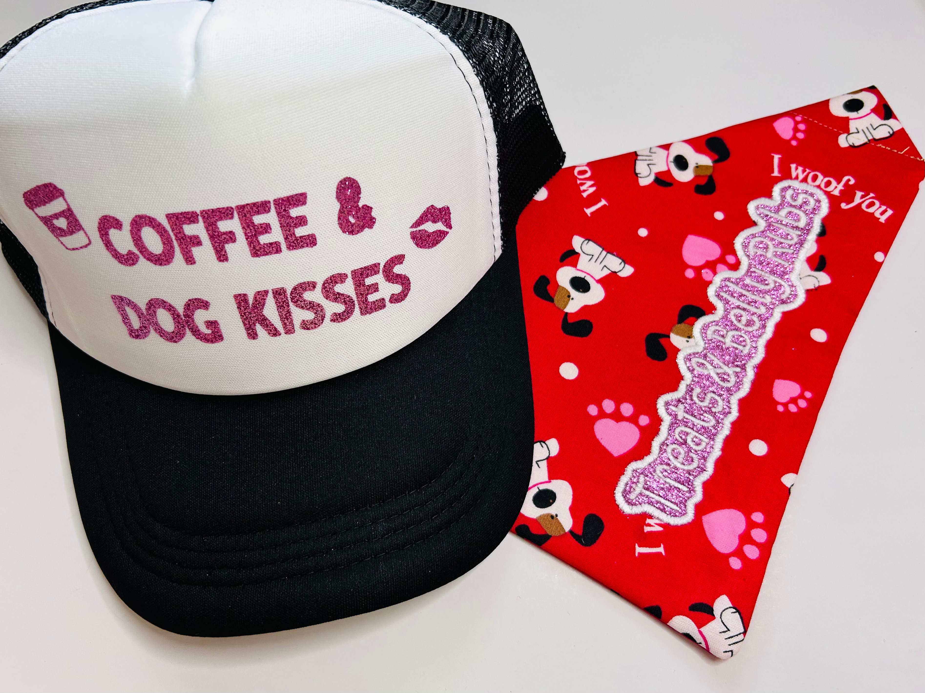 Coffee & Dog Kisses Trucker Hat and Treats & Belly Rubs Dog Bandana