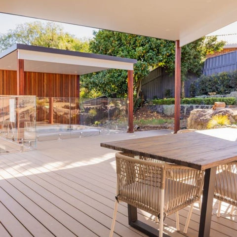 Trex Biscayne deck with insulated pergola and separate spa pergola, including privacy screening — Bangor.