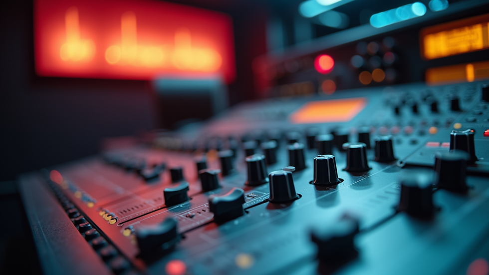 Eye-level view of a radio studio with colorful sound equipment