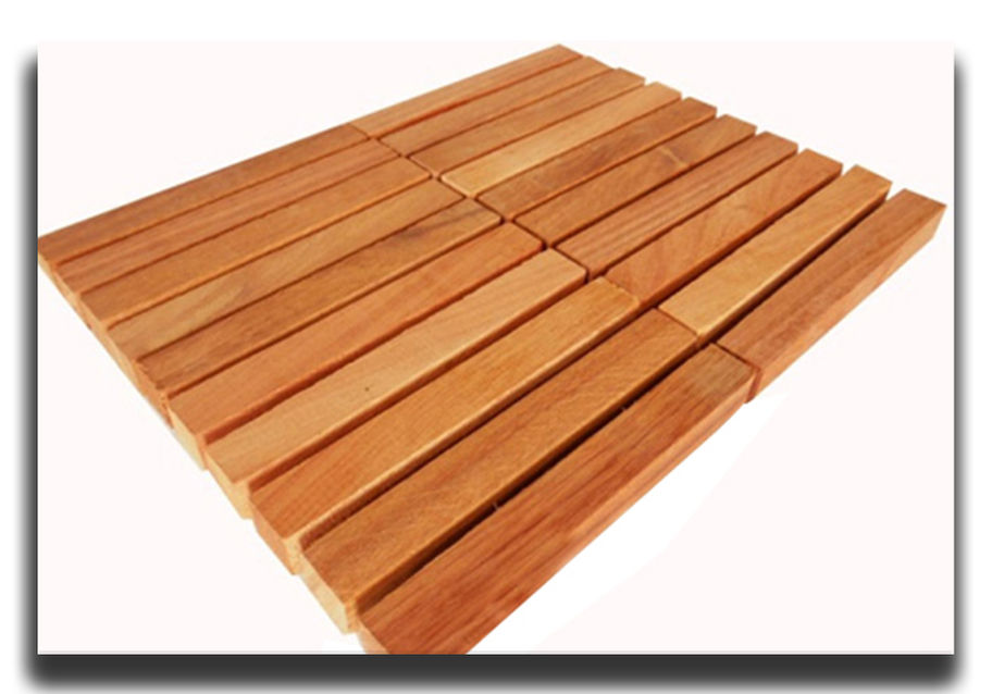 Wooden deck made of Highly Figured Mahogany Lumber, brown color, on white background.