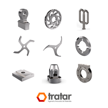 Modelos 3D de diversas piezas industriales, incluyendo cuchillas de corte, discos perforados y soportes mecanizados, ilustrando la versatilidad de la nitruración en diferentes componentes.