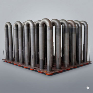 Varios tubos radiantes de metal gris con diseño en forma de U invertida, organizados en filas sobre una plataforma con soportes circulares naranjas y pines metálicos verticales, sobre un fondo gris claro.