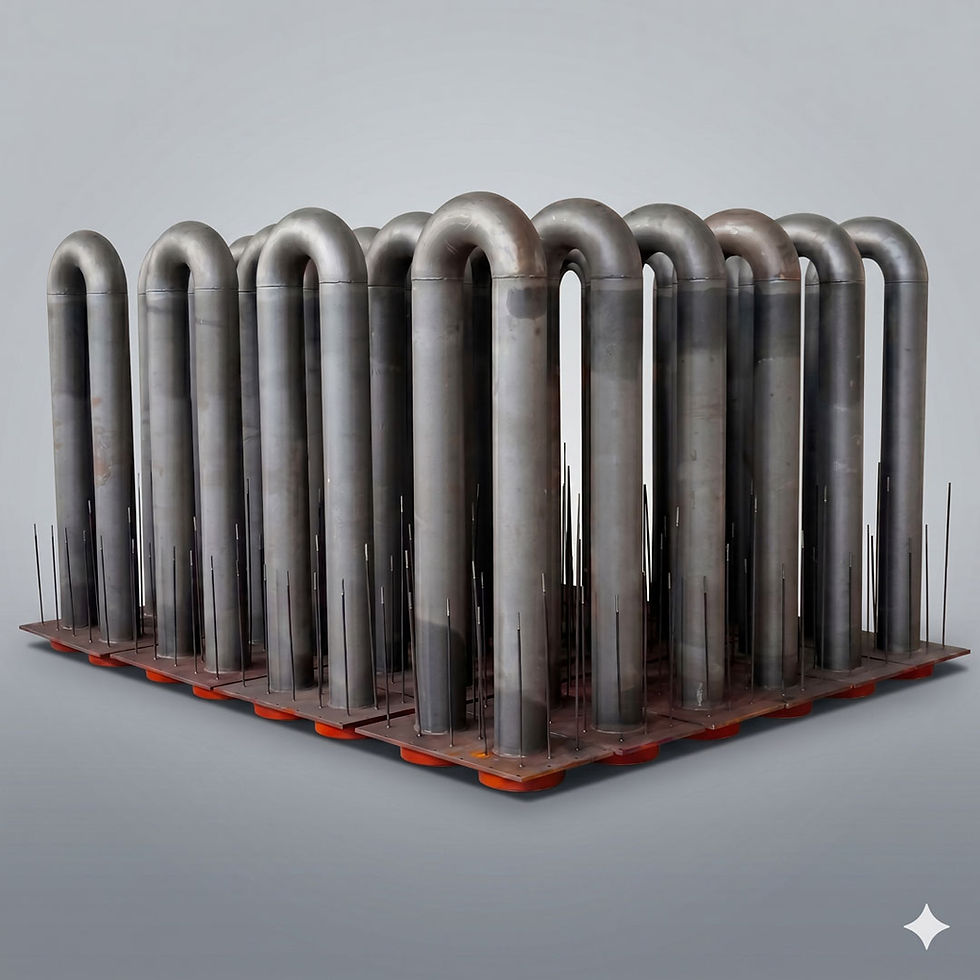 Varios tubos radiantes de metal gris con diseño en forma de U invertida, organizados en filas sobre una plataforma con soportes circulares naranjas y pines metálicos verticales, sobre un fondo gris claro.