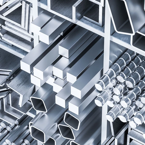 Vista aérea en primer plano de un estante industrial con diversos perfiles de acero, incluyendo barras cuadradas macizas, tubos estructurales rectangulares y barras cilíndricas ordenadas simétricamente.