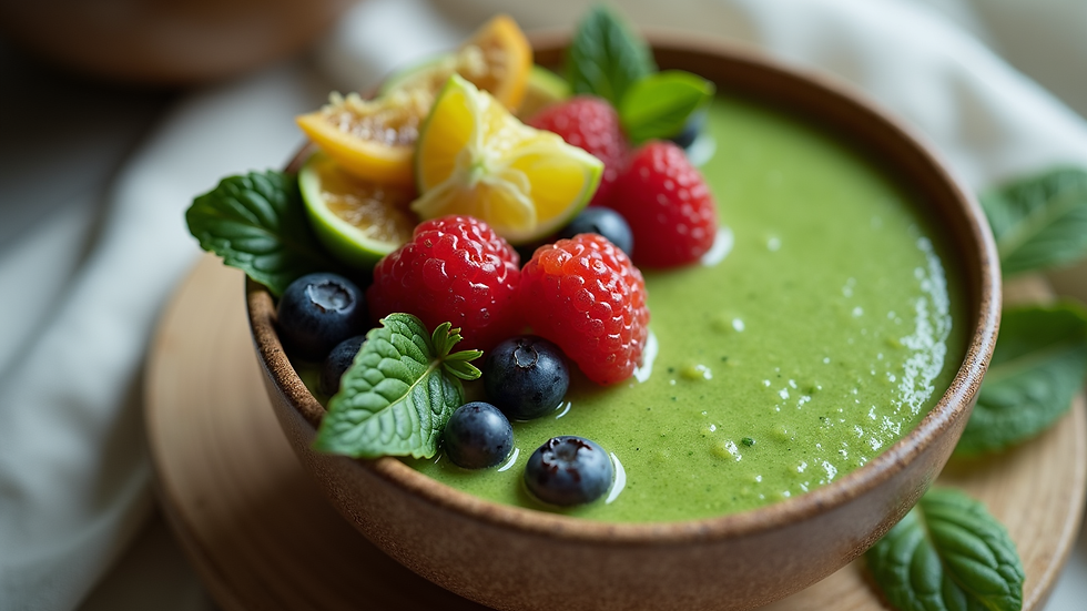 Eye-level view of a bowl of green wheatgrass smoothie topped with fresh fruits