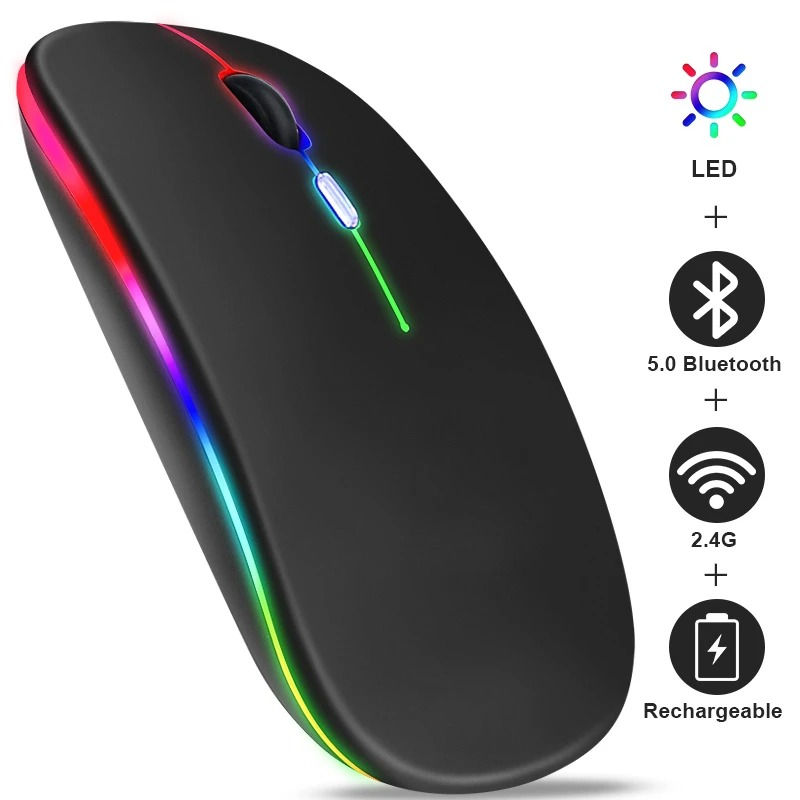 Mouse sem fio Bluetooth recarregável USB 2.4GHz RGB 1600DPI