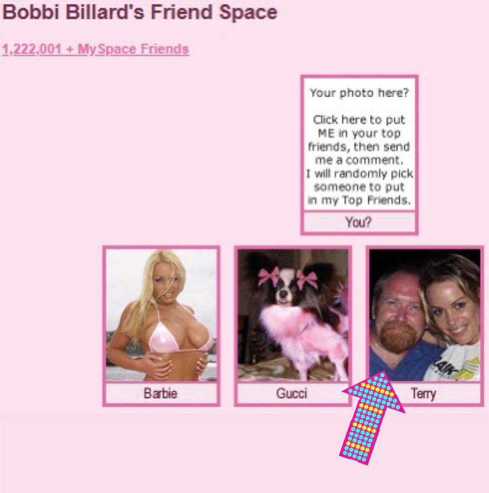 Bobbi Billard’s MySpace friend space showing over 1.222 million friends, her bikini photo, her dog/mascot Gucci, and friend Terry featured in Top Friends.