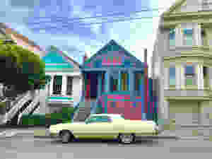 18th St, Castro district, victorian house, yellow vintage car
