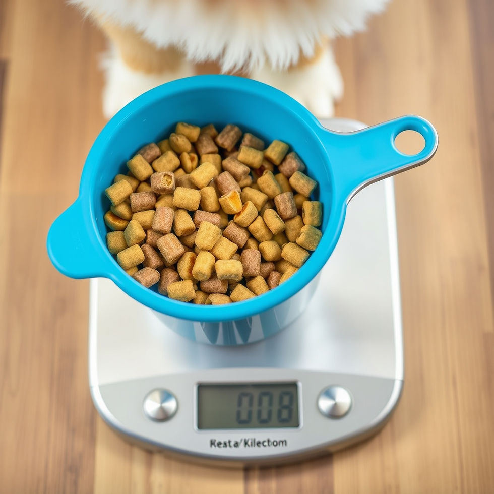 High angle view of a pet owner measuring pet food portions with a kitchen scale