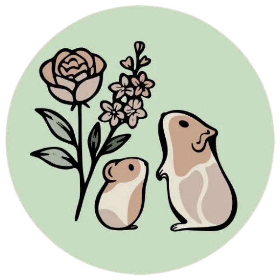 A green circle with black outlined digital drawn rose and 2 hamsters
