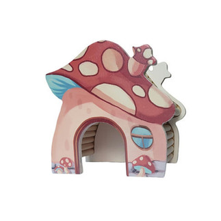 a wooden pink and red mushroom hamster hide