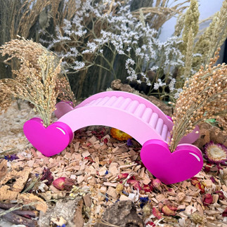 A 3D printed pink hamster bridge with hearts at either side holding hamster sprays, surrounded by bedding and forage