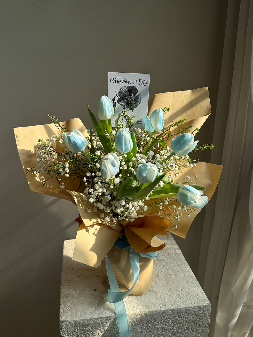 Thumbnail: Baby Blue Tulip + baby breath Bouquet (8 stems)