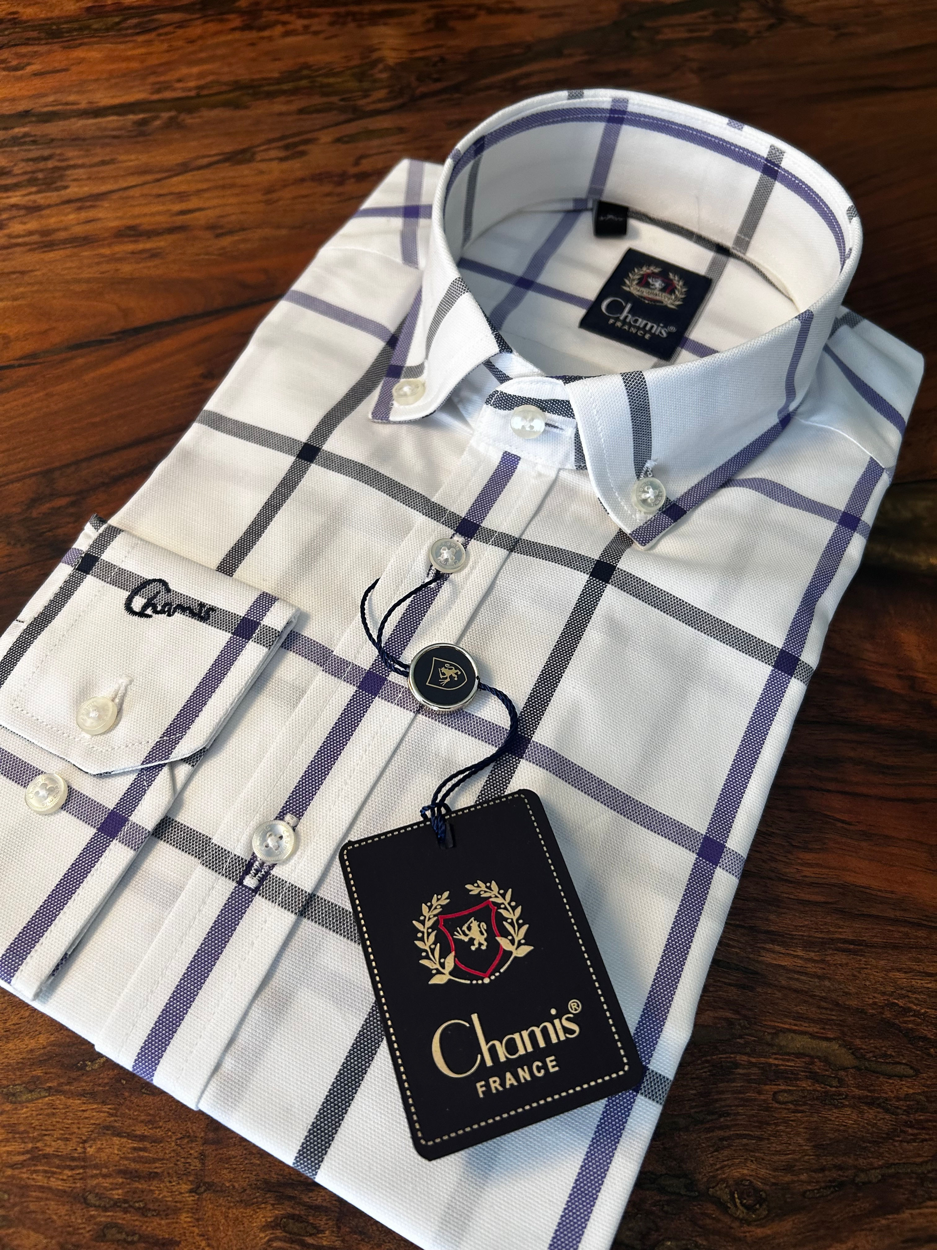 SlimFit Beyaz Ekose Oxford Düğmeli Yaka Gömlek