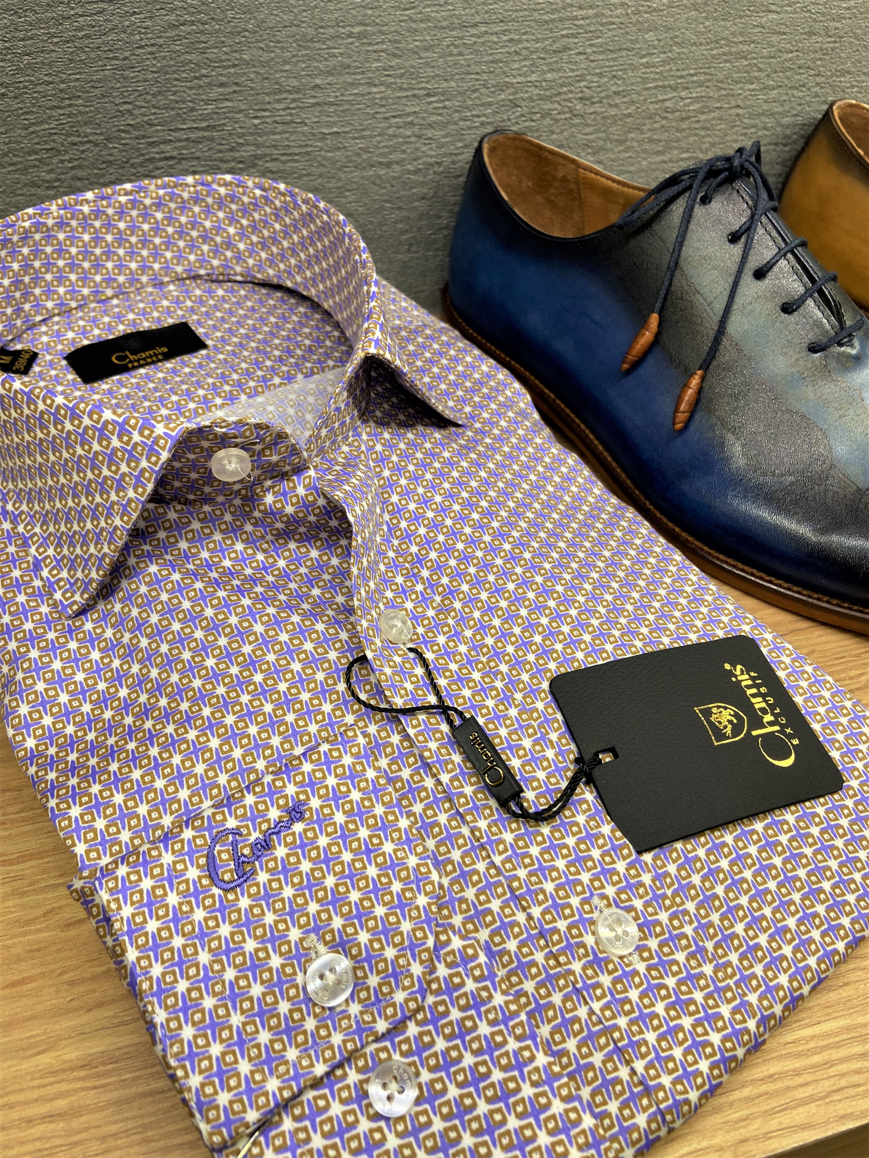 SlimFit Lila-Kahve Desenli İtalyan Yaka Gömlek