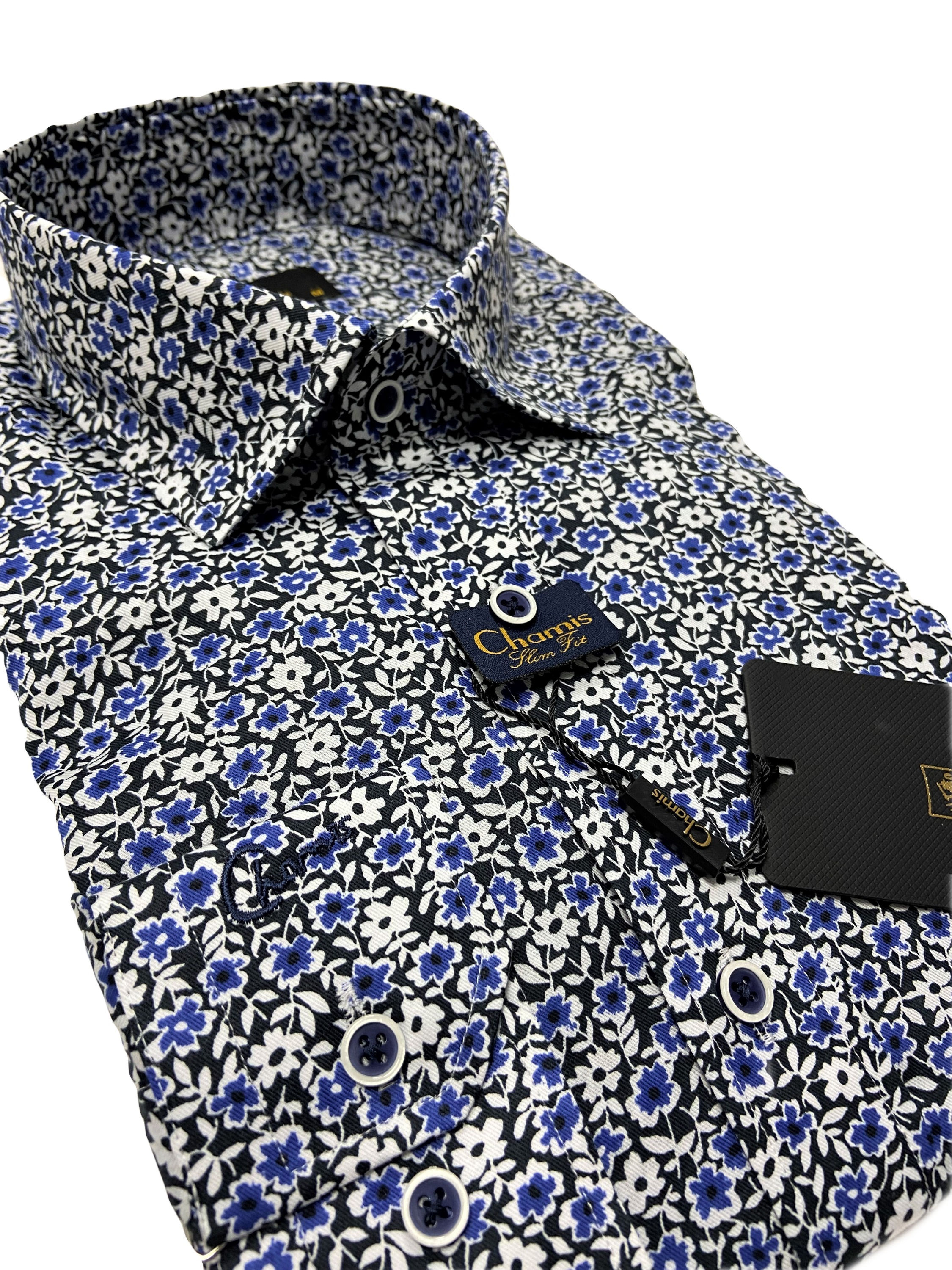 SlimFit Lacivert Çiçek Desenli Klasik Yaka Gömlek