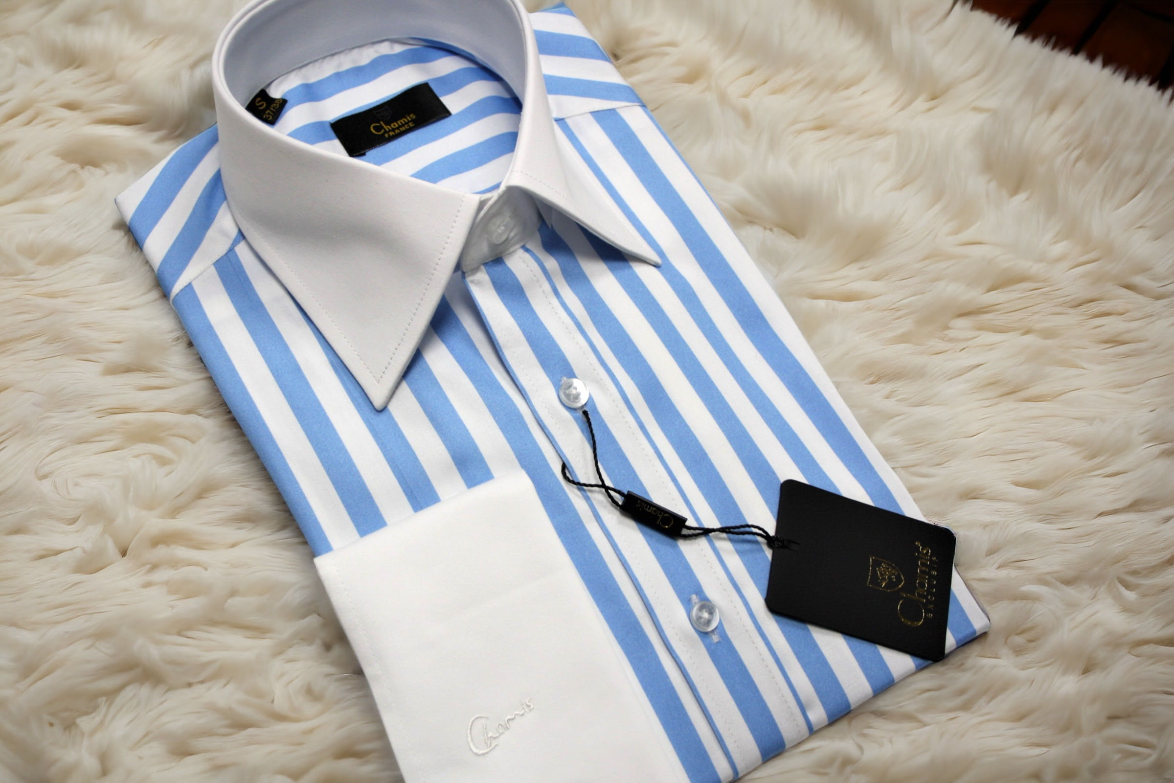 SlimFit Mavi Blok Çizmeli Kontrast Beyaz Saten Yaka