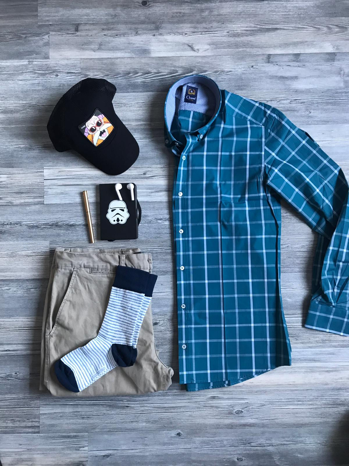 SlimFit Turkuaz Ekose Poplin Düğmeli Yaka Gömlek