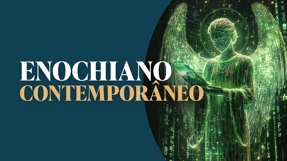 Anjo digital verde com asas, leituras em um tablet. Fundo de códigos, texto "Enochiano Contemporâneo" em destaque, atmosfera futurista.