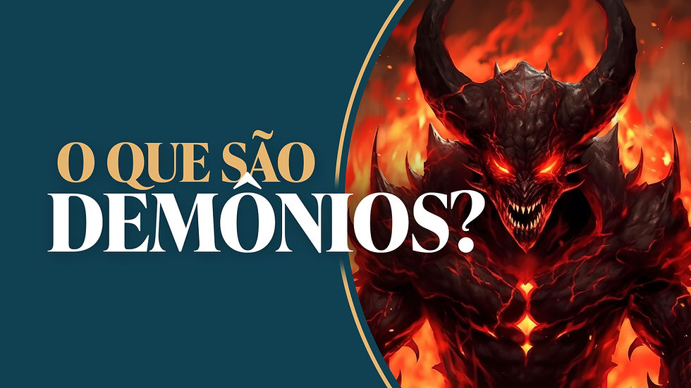 Demonio de chifres, olhos vermelhos, em meio a chamas. Texto à esquerda: "O que são demônios?" Fundo azul escuro. Atmosfera ameaçadora.