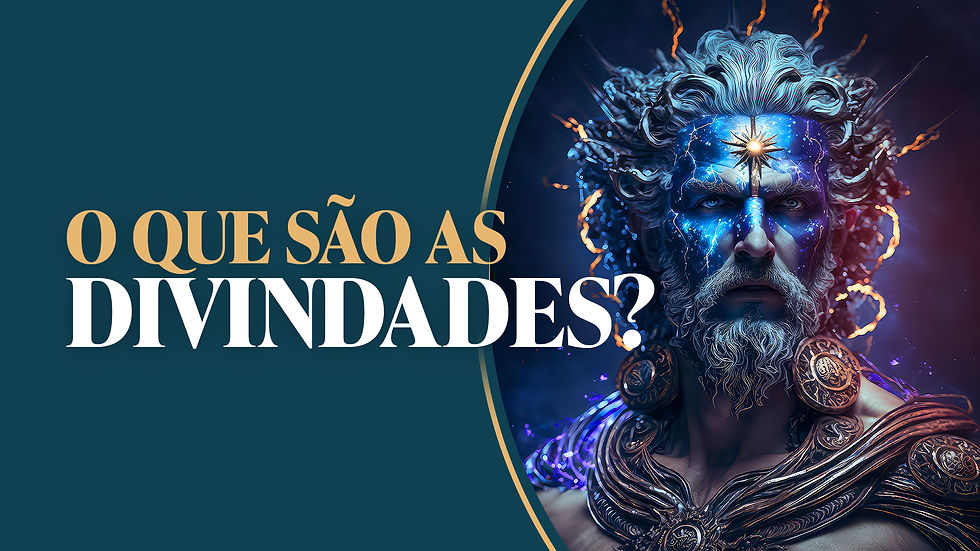 Homem com pintura azul cósmica no rosto e ornamentos dourados sobre fundo escuro. Texto: "O QUE SÃO AS DIVINDADES?" em destaque.