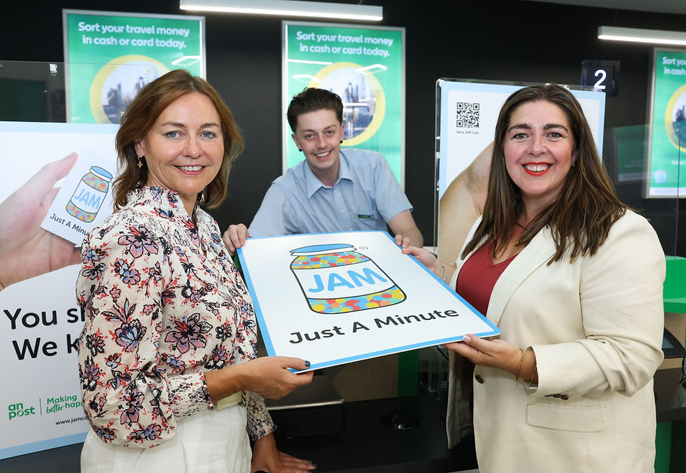 Debbie Byrne, Managing Director of An Post Retail with Maeve Monaghan CEO NOW Group and JAM Card holding a large JAM Card