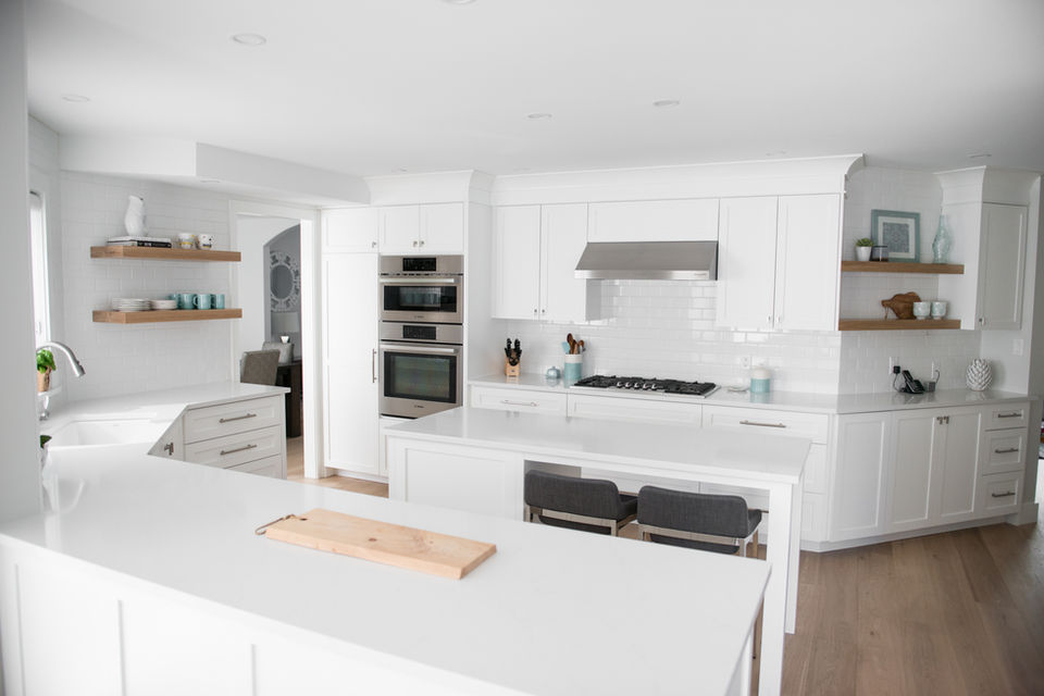 Custom solid wood white shaker kitchen cabinets white oak open shelves