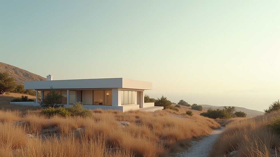 Wide angle view of a serene landscape with a well-designed building
