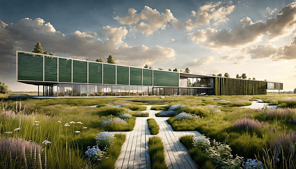 modern green data center campus surrounded by lush landscaping and wildflowers
