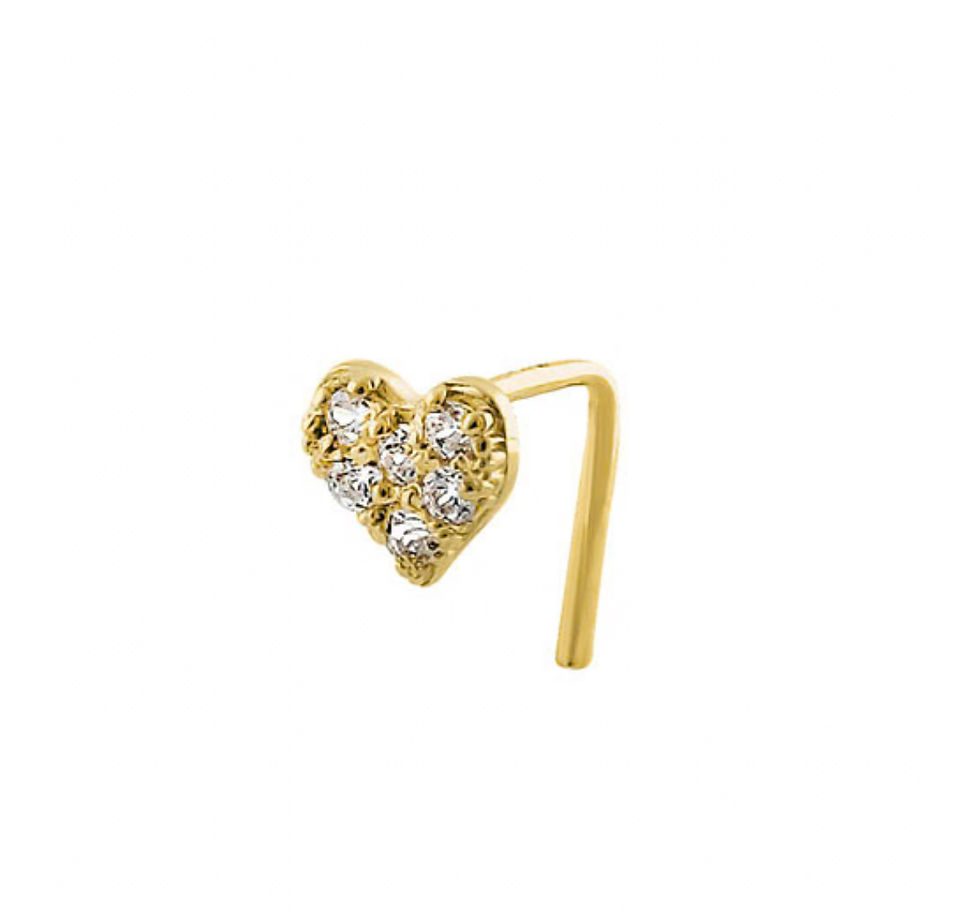 Solid 14K Yellow Gold Heart L-Hook CZ Nose Stud