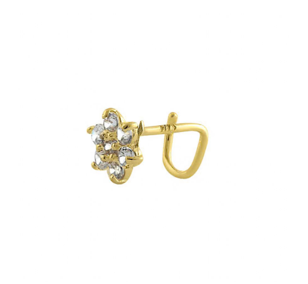 Solid 14K Yellow Gold Flower U-Hook CZ Nose Stud