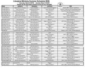 Liturgical Ministry Schedule 5/3/26-9/6/26