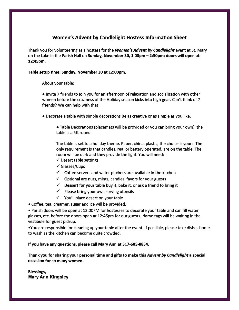 Women's Advent Tea Hostess Information