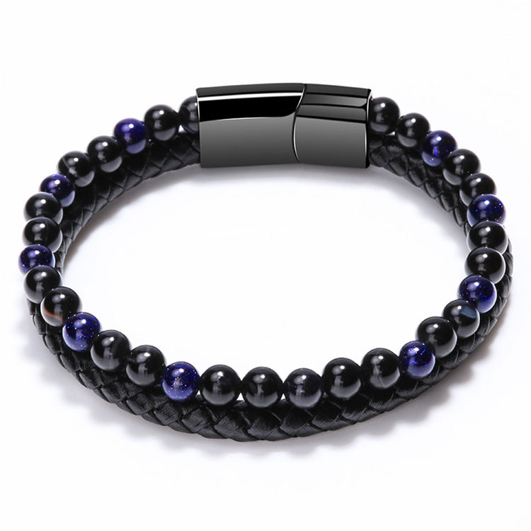 Thumbnail: Natural Stone Leather Bracelets Black Magnetic Clasp Tiger Eye Bead Bracelet