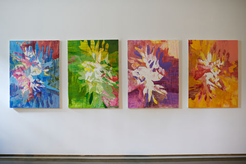 The Memory of Leaves paintings hanging on gallery wall.