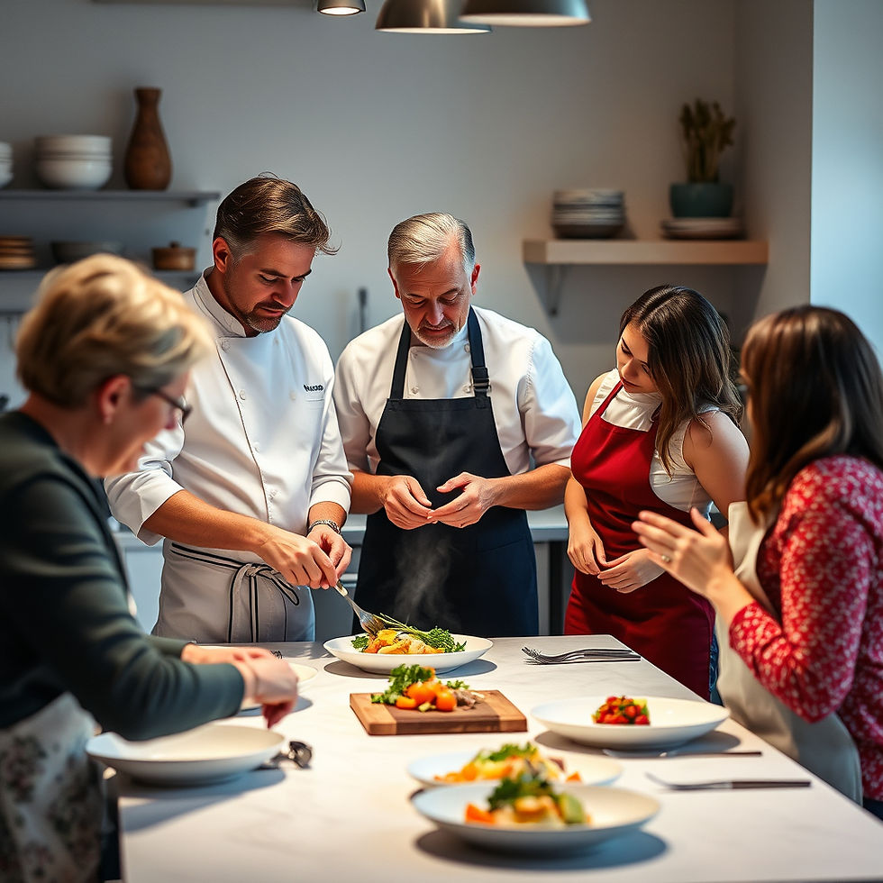 un cours de cuisine avec un grand chef français, et 5 adultes en tablier avec écris claire